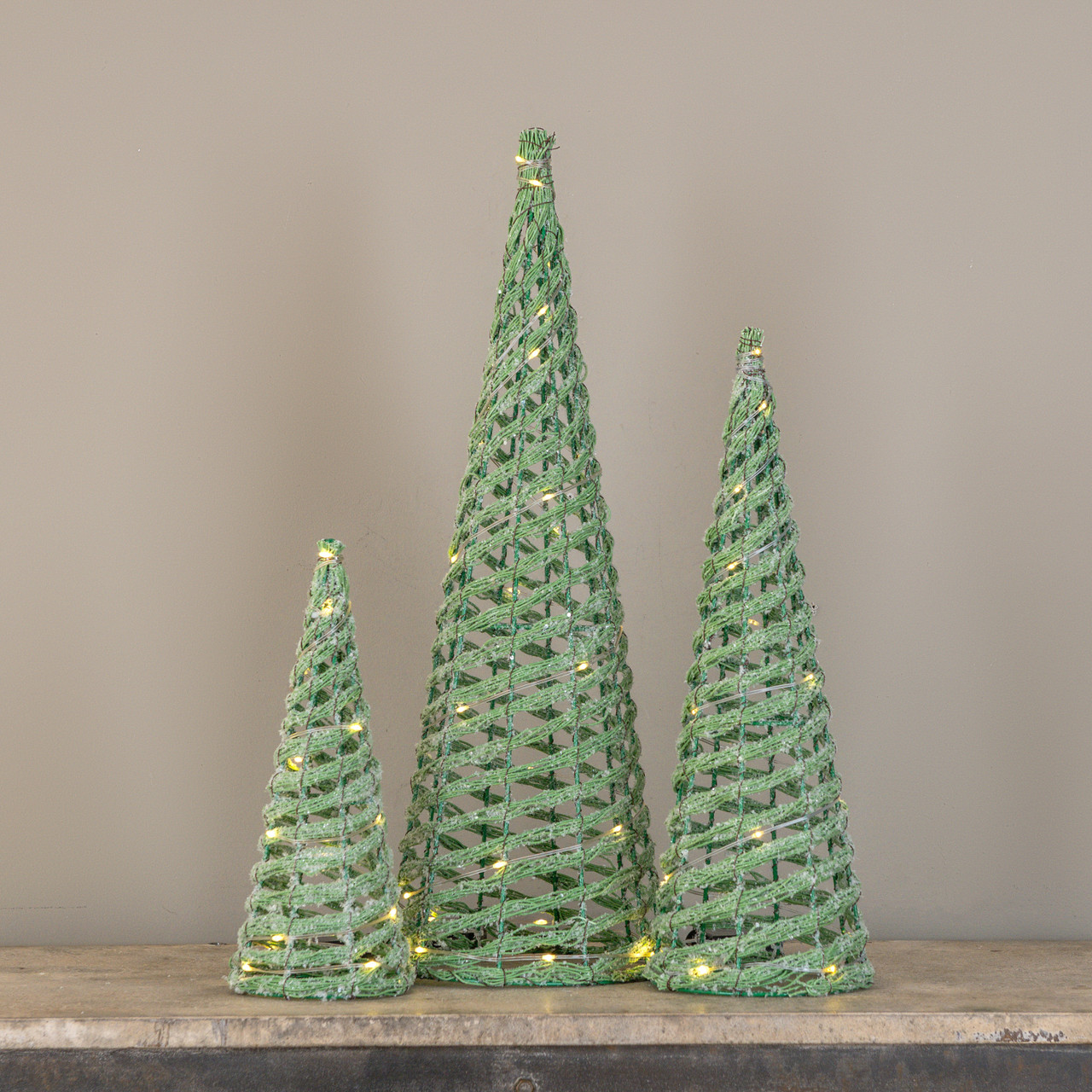 SET/3 LIGHTED GREEN CONE TREES