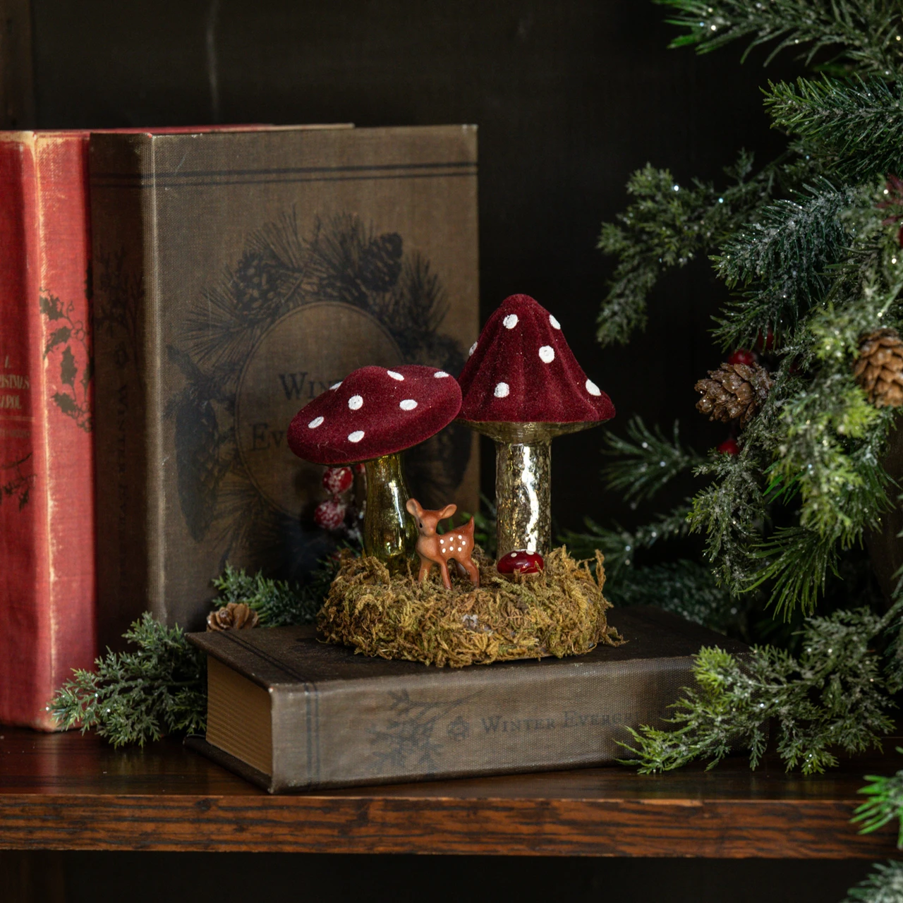 BURGUNDY FLOCKED MUSHROOMS ON MOSSY BASE