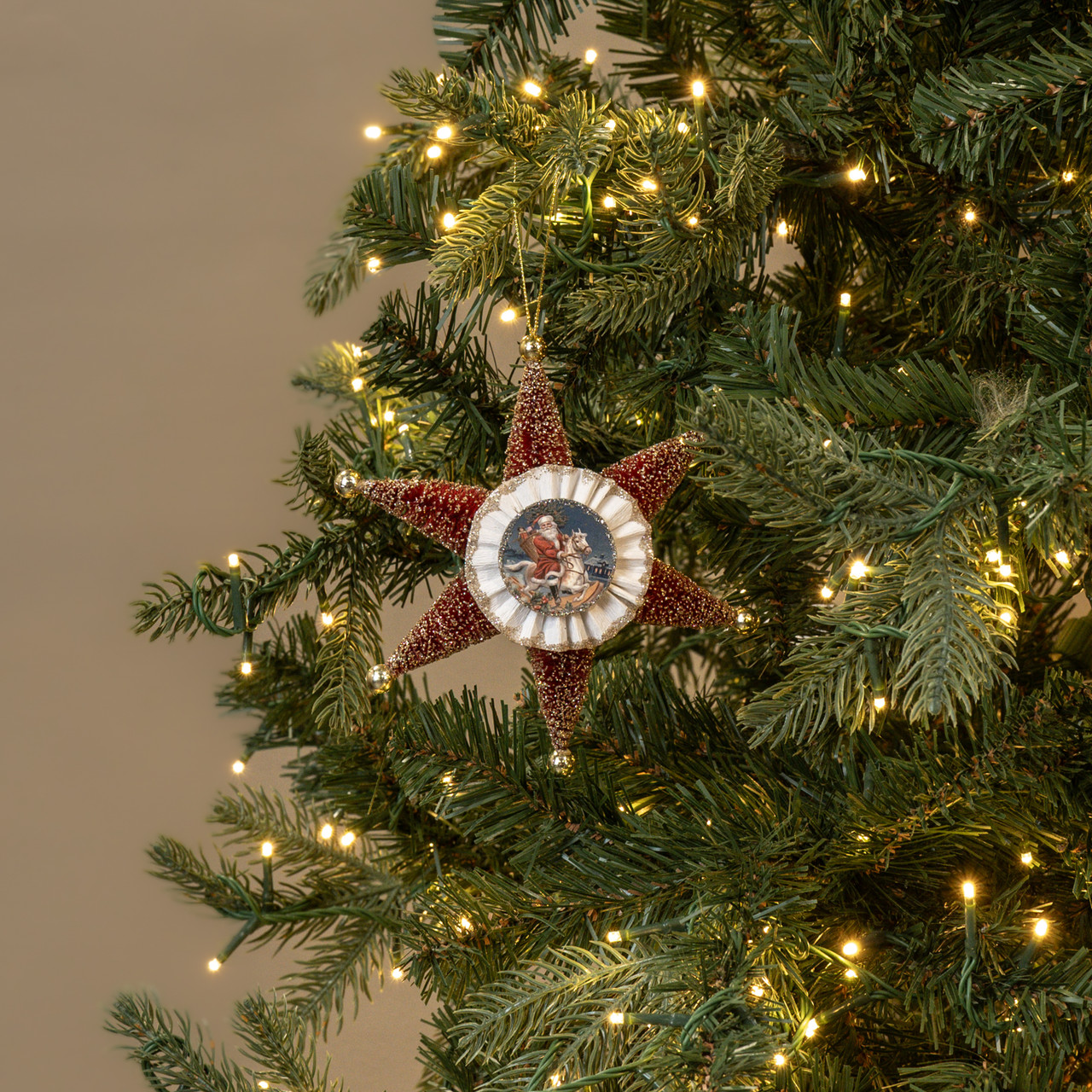 GLITTERED RED STAR W/ SANTA ORNAMENT