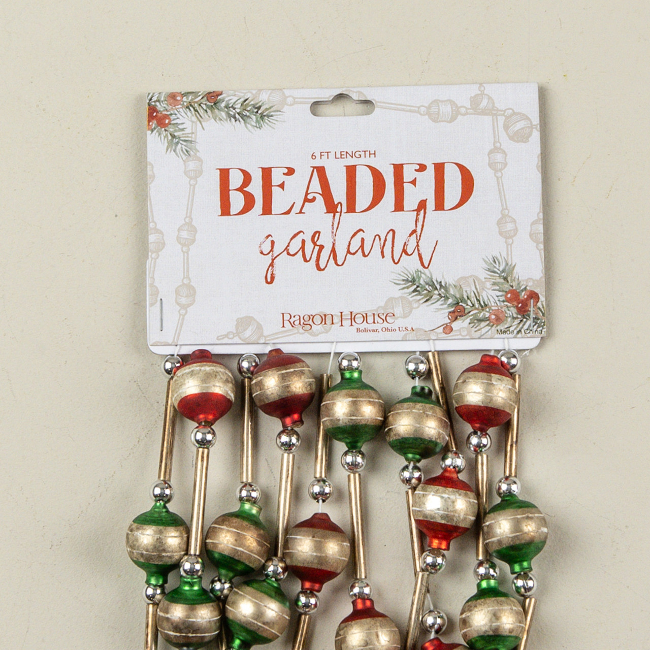 6' GREEN, RED & SILVER STRIPED BEADED GARLAND