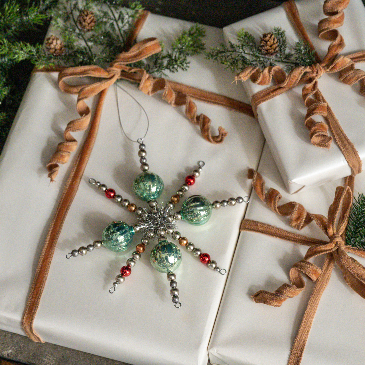SILVER & TEAL BEADED STAR ORNAMENT