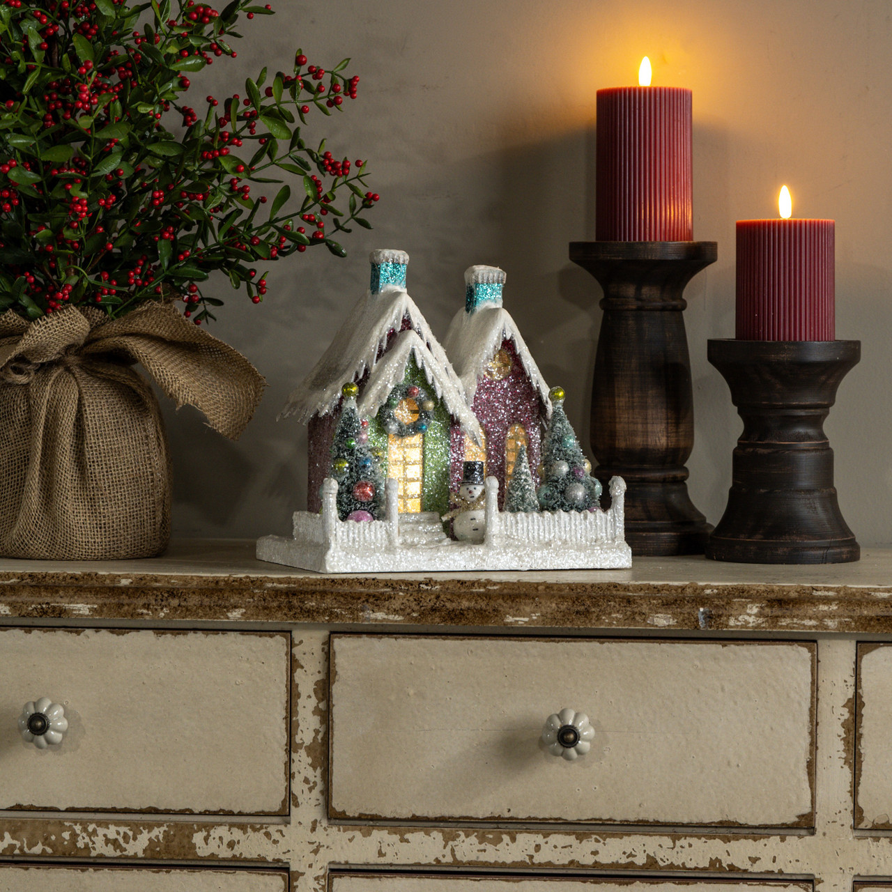 LIGHTED COLORFUL HOUSE W/ TWO TEAL CHIMNEYS