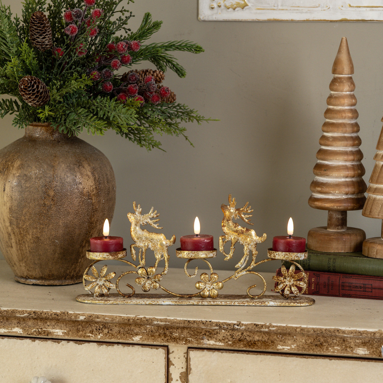 13" GOLD REINDEER PILLAR TEALIGHT HOLDER