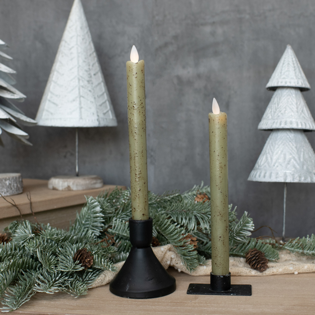 SET/ 2 - 9.5" MOVING FLAME GREEN TAPER CANDLE