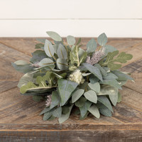 7.5" EUCALYPTUS W/ CREAM & PURPLE HEATHER TABLE PIECE