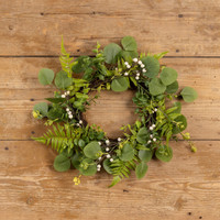 14" GREEN & WHITE MIXED FOLIAGE W/ BERRIES CANDLE RING