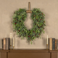 30" GLITTERED PINE & RED BERRY HANGING WREATH