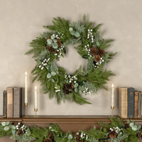 24" WHITEWASHED HEMLOCK WREATH W/ WHITE BERRIES