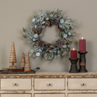 24" SNOWY EUCALYPTUS & PINE WREATH W/ BLUE BERRIES