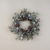 24" SNOWY EUCALYPTUS & PINE WREATH W/ BLUE BERRIES