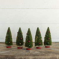 SET/ 5 - 8" GREEN BOTTLEBRUSH TREES W/ JINGLE BELLS