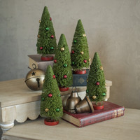 SET/ 5 - 8" GREEN BOTTLEBRUSH TREES W/ JINGLE BELLS