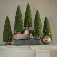 SET/ 5 - 10" GREEN BOTTLEBRUSH TREES W/ JINGLE BELLS