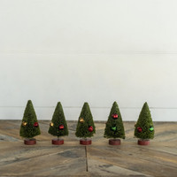 SET/ 5 - 4" GREEN BOTTLEBRUSH TREES W/ JINGLE BELLS