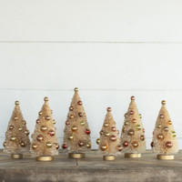 SET/ 6 - CREAM BOTTLEBRUSH TREES W/ GLITTERED BULBS