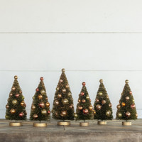 SET/ 6 - GREEN BOTTLEBRUSH TREES W/ GLITTERED  BULBS
