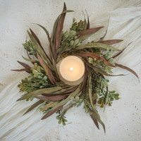 14" BROWN & GREEN MIXED LEAF CANDLE RING