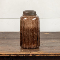 9.75" AMBER GLASS JAR W/ ANTIQUE LID