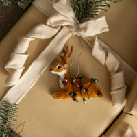 RESTING FESTIVE FUR DEER ORNAMENT