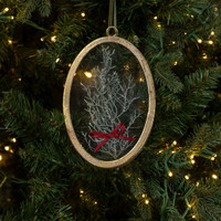 OVAL PRESSED HOLIDAY FLORAL W/ RED BOW ORNAMENT