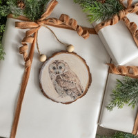 OWL ON WOOD SLICE ORNAMENT