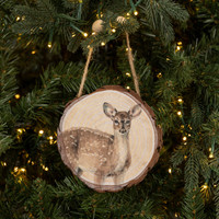 DEER ON WOOD SLICE ORNAMENT