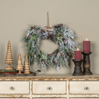 21" SNOWY CEDAR W/ MIXED PINECONES HANGING WREATH