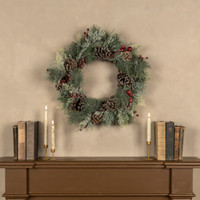 24" FROSTED PINE & CEDAR W/ BERRIES, ORNAMENTS & PINECONE WREATH