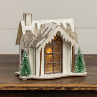 9.5" LIGHTED WOOD SNOWY HOLIDAY HOUSE