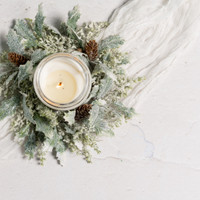 12" FROSTED HOLLY W/ PINECONES CANDLE RING