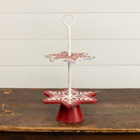 RED & WHITE TWO TIER SNOWFLAKE STAND