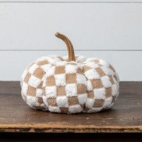 9.75"  BROWN & CREAM CHECK FABRIC PUMPKIN