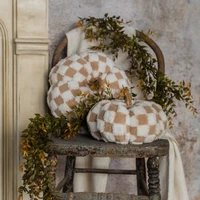 9.75"  BROWN & CREAM CHECK FABRIC PUMPKIN