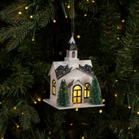 BLACK & WHITE LIGHTED CHURCH ORNAMENT