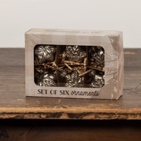 SET/ 6 SILVER GLASS SNOWFLAKE ORNAMENTS