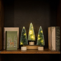 SET/ 3 - 9" LIGHTED GREEN BOTTLEBRUSH TREES