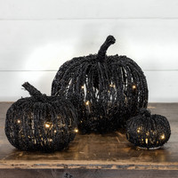 4.5" LIGHTED BLACK GLITTER RATTAN PUMPKIN