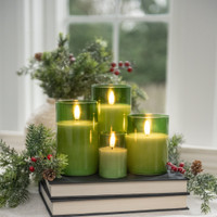 6" PINE GREEN GLASS 3D FLAME CANDLE