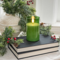 5" PINE GREEN GLASS 3D FLAME CANDLE