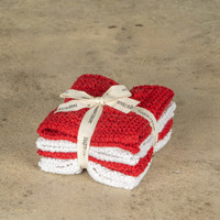 SET/4 RED & WHITE KNIT WASHCLOTHS