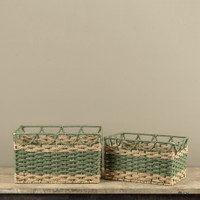 SET/ 2 GREEN & TAN WOVEN BASKETS