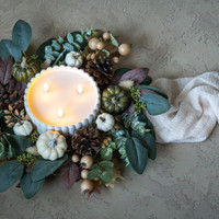 16" PUMPKIN, EUCALYPTUS, PINECONES & BERRIES CANDLE RING