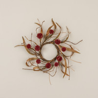 12" BURGUNDY POM POM & FAUX TWIG CANDLE RING