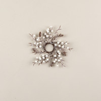 8" FROSTED TWIG & PINECONE W/ WHITE BERRIES TAPER CANDLE RING