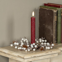 8" FROSTED TWIG & PINECONE W/ WHITE BERRIES TAPER CANDLE RING