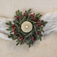10" FROSTED PINE, RED BERRIES & PINECONE CANDLE RING