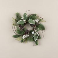 14" PINE W/ WHITE BERRIES & BELLS CANDLE RING