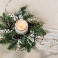 14" PINE W/ WHITE BERRIES & BELLS CANDLE RING