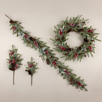 5' SNOWY PINE, LAMB'S EAR & RED BERRY GARLAND