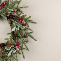 24" SNOWY PINE, LAMB'S EAR & RED BERRY WREATH
